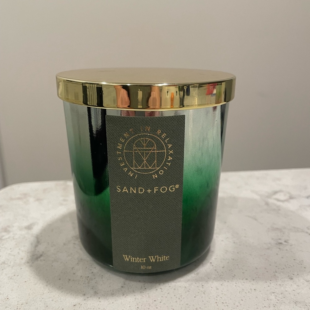 Sand + Fog Winter White Candle - Green and Gold
